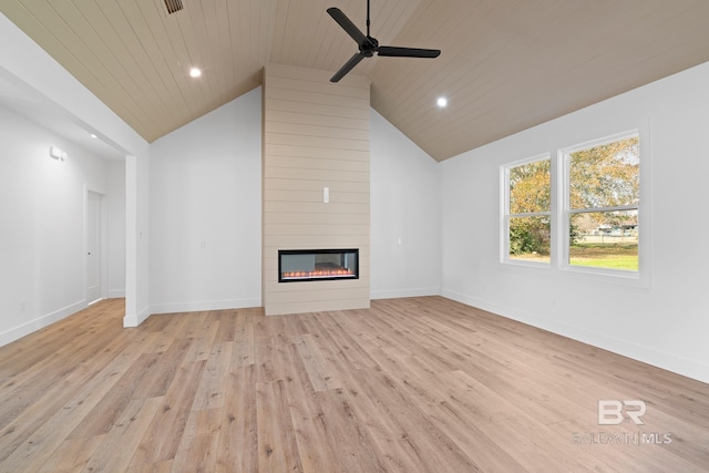 unfurnished living room featuring ceiling fan, high vaulted ceiling, a fireplace, wooden ceiling, and light wood-type flooring