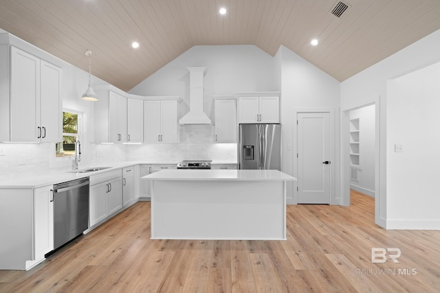 kitchen with sink, appliances with stainless steel finishes, hanging light fixtures, white cabinets, and custom exhaust hood