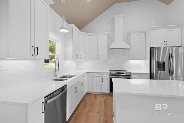 kitchen featuring pendant lighting, sink, appliances with stainless steel finishes, white cabinets, and custom exhaust hood