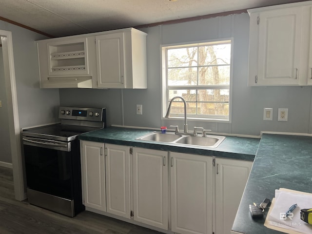 kitchen featuring white cabinetry, a sink, and stainless steel electric range