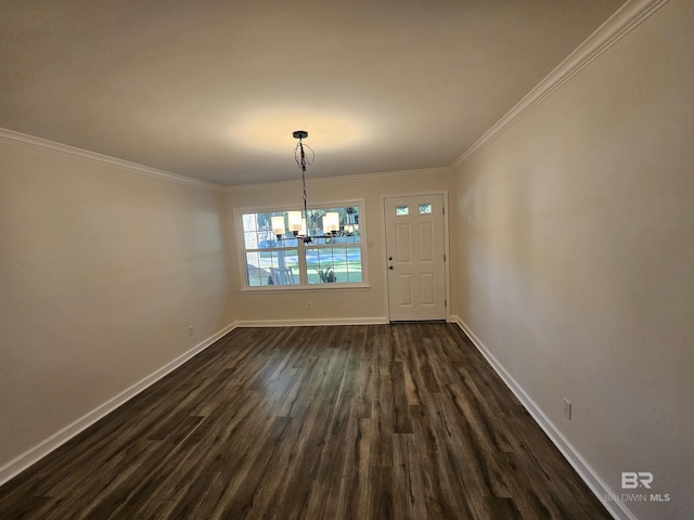 524 Linda Ln, Saraland, AL 36571 - unfurnished dining area with baseboards, a chandelier, dark wood-style floors, and crown molding