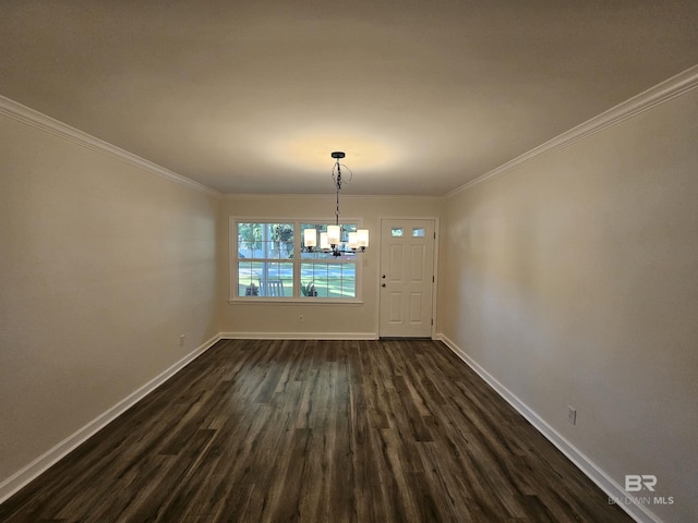524 Linda Ln, Saraland, AL 36571 - unfurnished dining area featuring a chandelier, baseboards, dark wood-style flooring, and crown molding