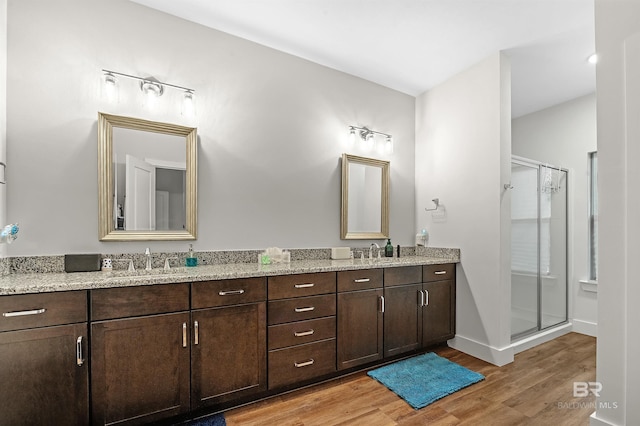 bathroom featuring vanity, a shower with shower door, and hardwood / wood-style flooring