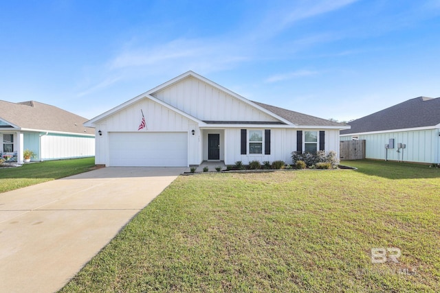 single story home with concrete driveway, a front lawn, an attached garage, and fence