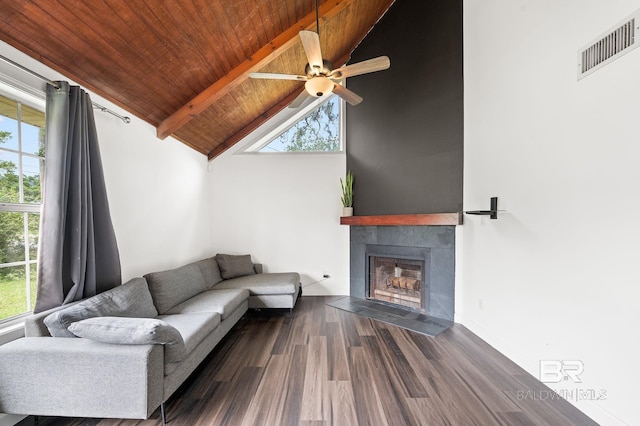 living room with high vaulted ceiling, beam ceiling, wooden ceiling, and a wealth of natural light