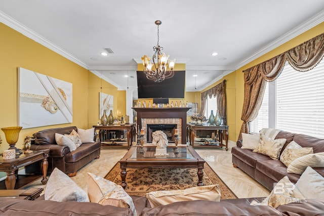 10128 Alder Ave, Spanish Fort, AL 36527 - living room featuring a chandelier, crown molding, light marble finish floors, a fireplace, and recessed lighting