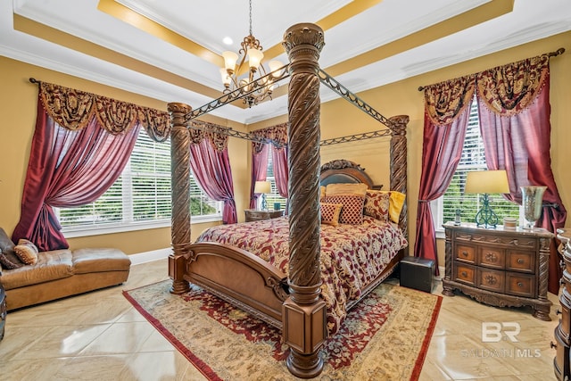 10128 Alder Ave, Spanish Fort, AL 36527 - bedroom featuring a chandelier, ornamental molding, a raised ceiling, baseboards, and recessed lighting