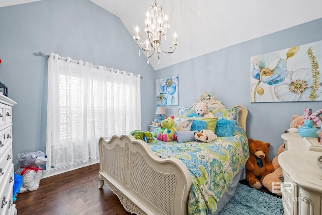 10128 Alder Ave, Spanish Fort, AL 36527 - bedroom with a chandelier, vaulted ceiling, and dark wood-style flooring