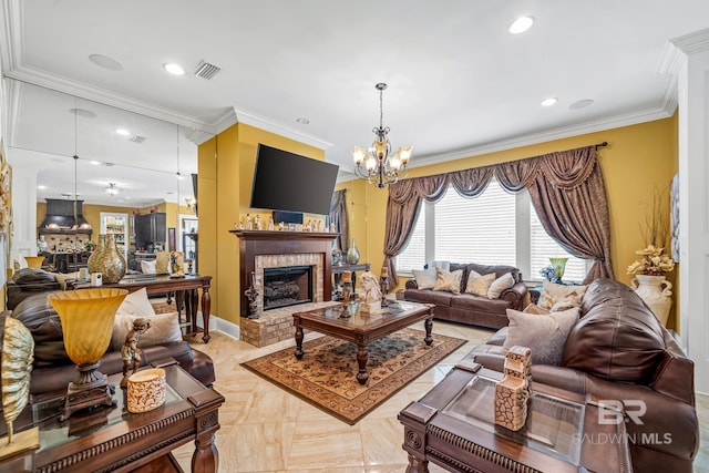 10128 Alder Ave, Spanish Fort, AL 36527 - living room with crown molding, a fireplace, a chandelier, recessed lighting, and baseboards