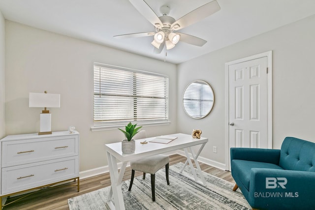 office area featuring ceiling fan and wood-type flooring