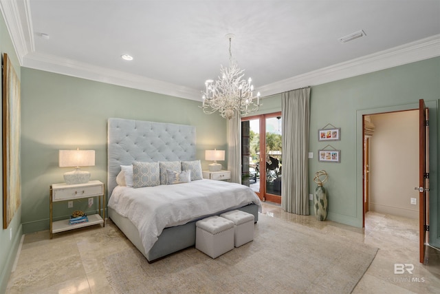 bedroom with an inviting chandelier, access to outside, visible vents, and ornamental molding