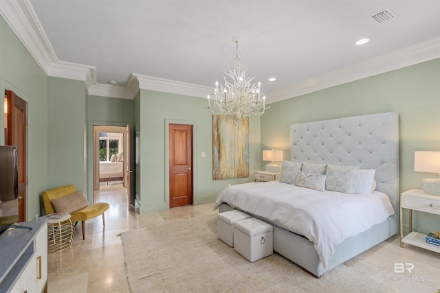 bedroom with baseboards, visible vents, recessed lighting, ornamental molding, and a notable chandelier
