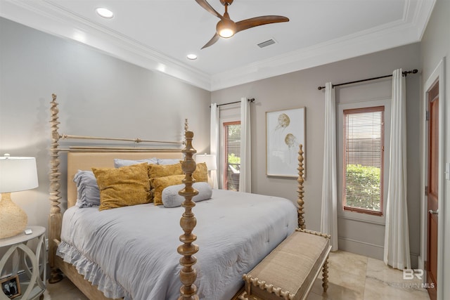 bedroom with visible vents, multiple windows, a ceiling fan, and crown molding