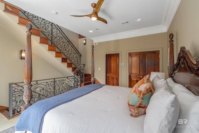 bedroom with ceiling fan, visible vents, ornamental molding, and recessed lighting