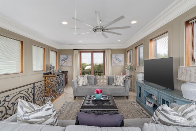 living room featuring recessed lighting, ceiling fan, and ornamental molding