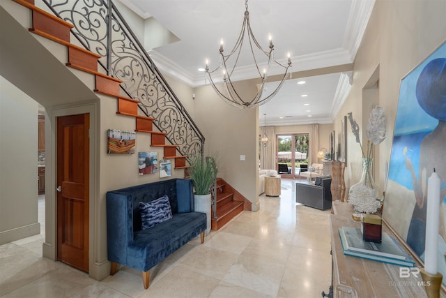 entryway with baseboards, stairs, ornamental molding, recessed lighting, and an inviting chandelier