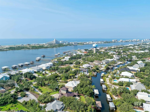 drone / aerial view with a water view