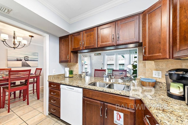 kitchen with dishwasher, ornamental molding, a chandelier, backsplash, and a sink