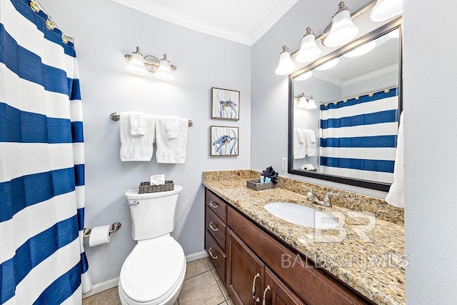 full bath featuring crown molding, vanity, toilet, baseboards, and tile patterned flooring