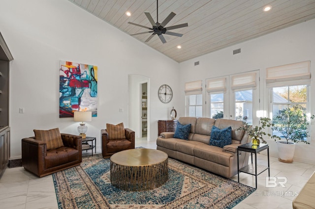 living room with ceiling fan, high vaulted ceiling, and wood ceiling