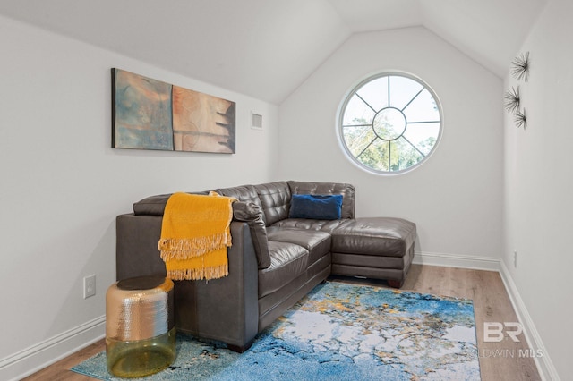 living room featuring wood-type flooring and lofted ceiling