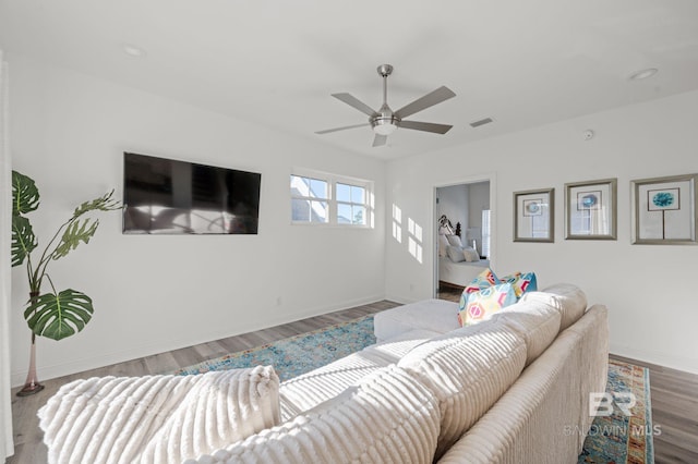 living room with hardwood / wood-style flooring and ceiling fan