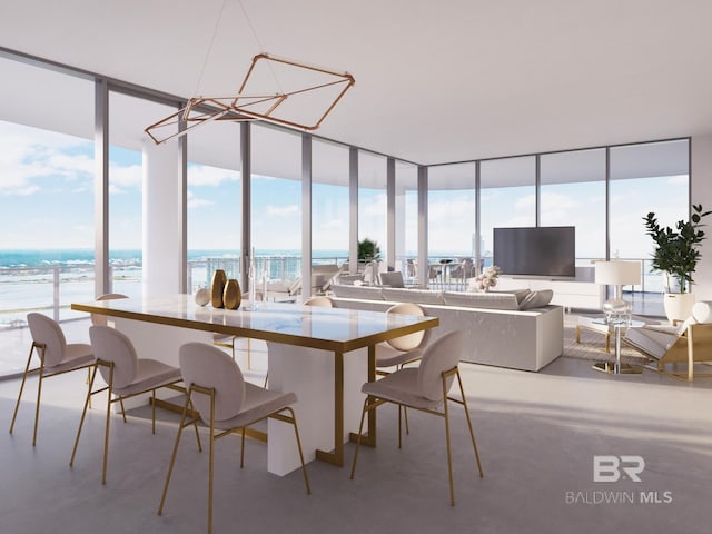 dining space featuring a healthy amount of sunlight, a water view, and expansive windows