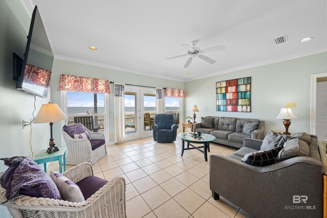 307 Audubon Pl, Dauphin Island, AL 36528 - living area with crown molding, light tile patterned flooring, ceiling fan, recessed lighting, and visible vents