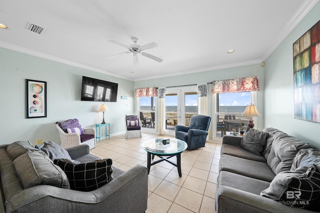 307 Audubon Pl, Dauphin Island, AL 36528 - living area with crown molding, visible vents, recessed lighting, a ceiling fan, and light tile patterned floors