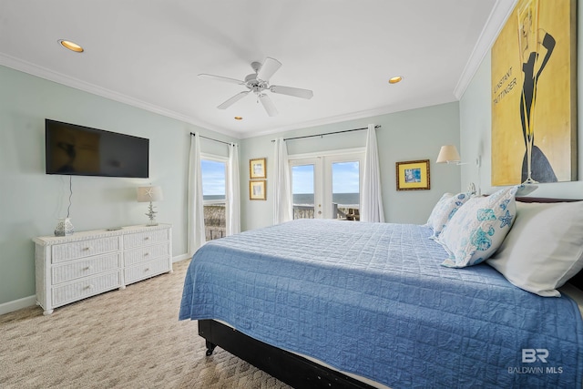 307 Audubon Pl, Dauphin Island, AL 36528 - carpeted bedroom with crown molding, recessed lighting, baseboards, and access to exterior
