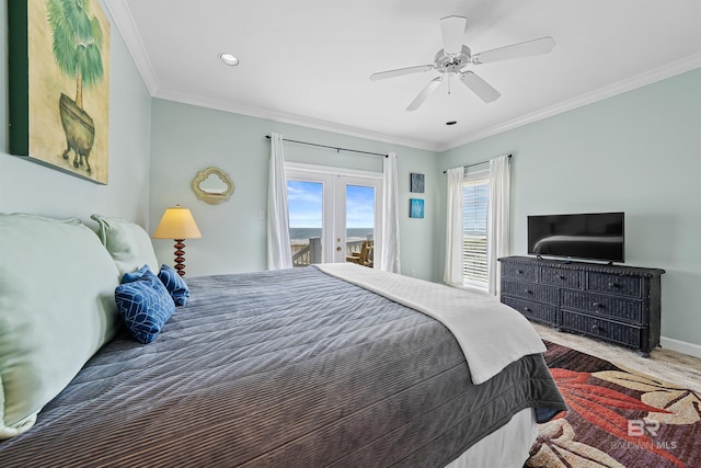 307 Audubon Pl, Dauphin Island, AL 36528 - bedroom with ornamental molding, ceiling fan, access to exterior, and french doors
