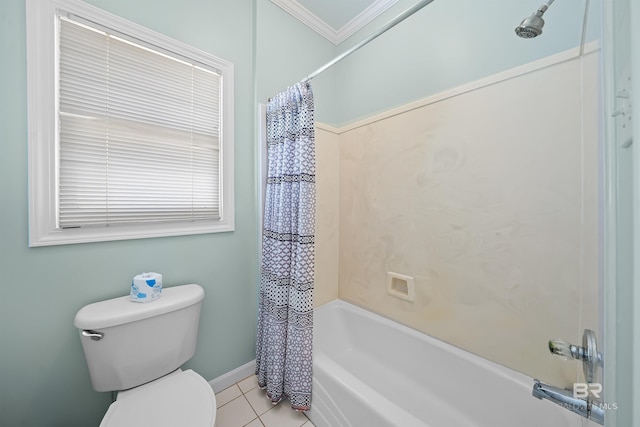 307 Audubon Pl, Dauphin Island, AL 36528 - bathroom featuring tile patterned flooring, toilet, shower / bathtub combination with curtain, baseboards, and ornamental molding