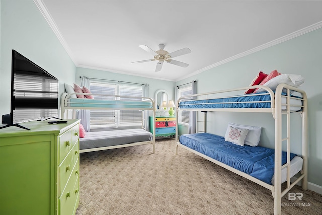 307 Audubon Pl, Dauphin Island, AL 36528 - carpeted bedroom with baseboards, ornamental molding, and a ceiling fan