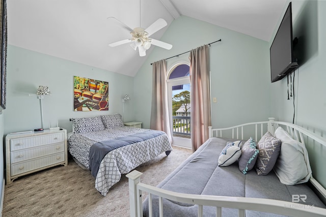 307 Audubon Pl, Dauphin Island, AL 36528 - carpeted bedroom featuring a ceiling fan, high vaulted ceiling, and beamed ceiling