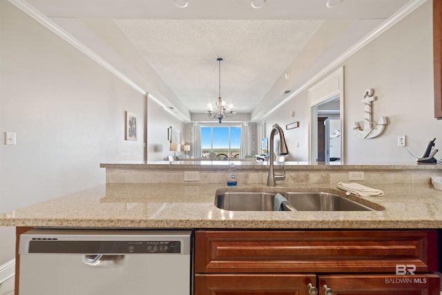 kitchen with light stone counters, a textured ceiling, dishwasher, an inviting chandelier, and sink
