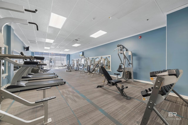 workout area with a paneled ceiling and carpet