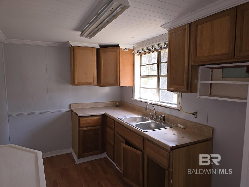 kitchen featuring ornamental molding, a sink, dark wood-type flooring, light countertops, and brown cabinets