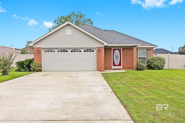 ranch-style home featuring a front yard and a garage