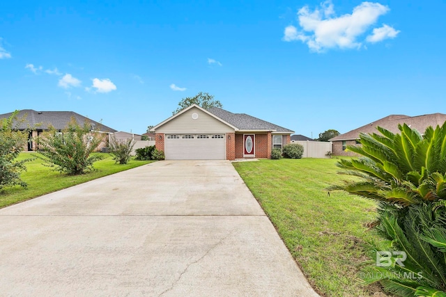 single story home featuring a front lawn and a garage