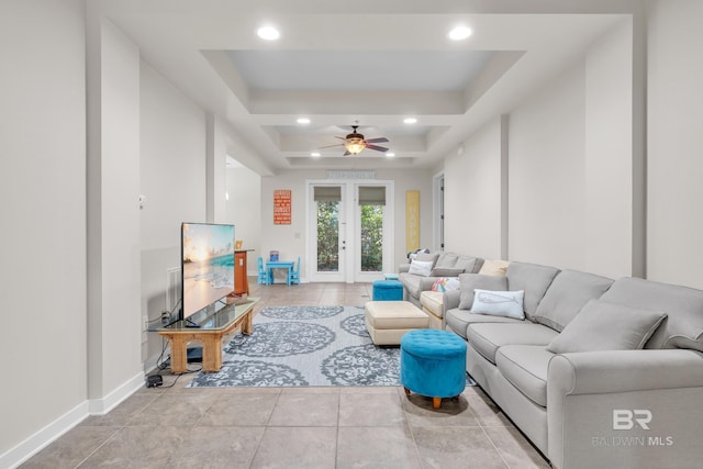 1430 Regency Rd Unit G101, Gulf Shores, AL 36542 - living area with a raised ceiling, tile patterned flooring, a ceiling fan, and recessed lighting