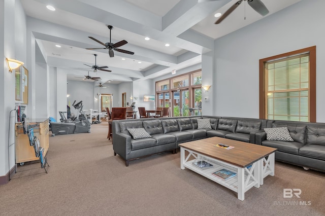1430 Regency Rd Unit G101, Gulf Shores, AL 36542 - carpeted living room with ceiling fan, recessed lighting, and beamed ceiling