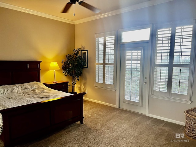 carpeted bedroom with access to outside, ceiling fan, and ornamental molding