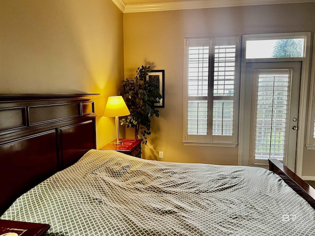 bedroom featuring access to exterior and ornamental molding