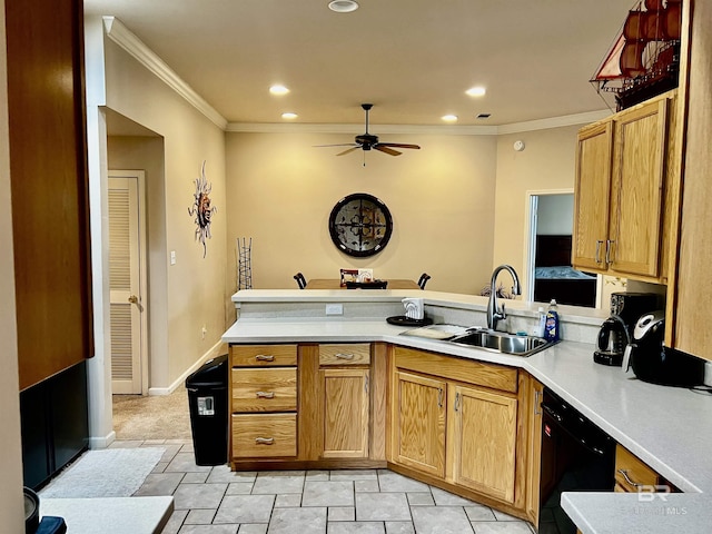 kitchen featuring ceiling fan, crown molding, sink, light tile patterned floors, and dishwasher