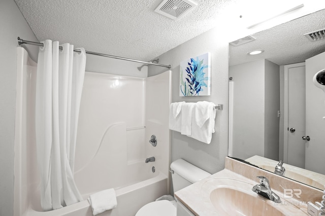 533 W Beach Blvd Unit 602, Gulf Shores, AL 36542 - bathroom featuring visible vents, a textured ceiling, shower / bathtub combination with curtain, and toilet