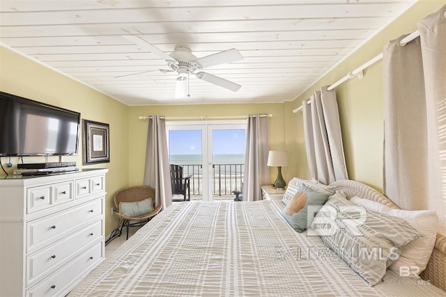 bedroom featuring a ceiling fan, wooden ceiling, access to outside, and a water view