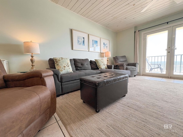 living area featuring wood ceiling and light tile patterned floors