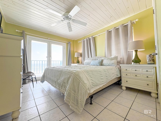 bedroom with light tile patterned flooring, a ceiling fan, access to outside, and french doors