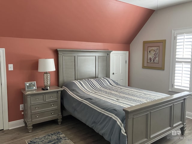 bedroom with dark hardwood / wood-style flooring and lofted ceiling