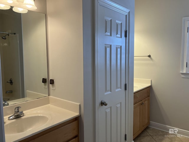 bathroom featuring tile patterned flooring, vanity, and tub / shower combination